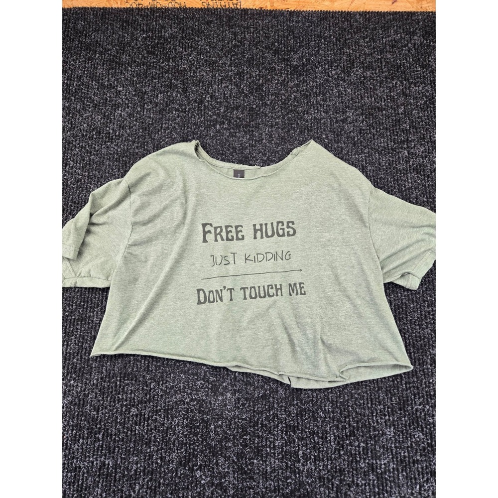 Custom Women XL Free Hugs Just‎ Kidding Graphic Crop Top Heather Green